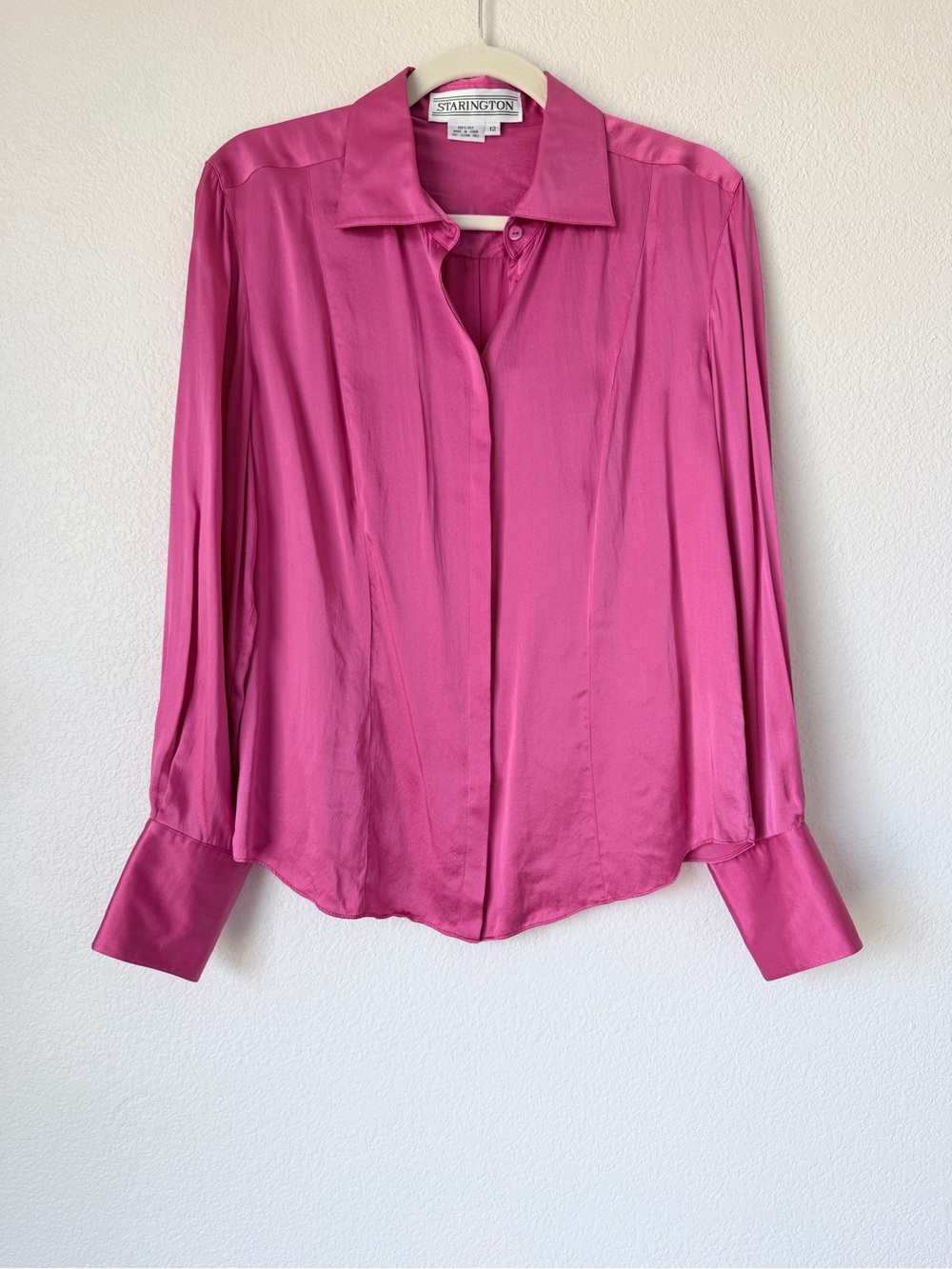 Starington 100% Silk Blouse Size 12 Magenta Pink Button Down Statement Cuff